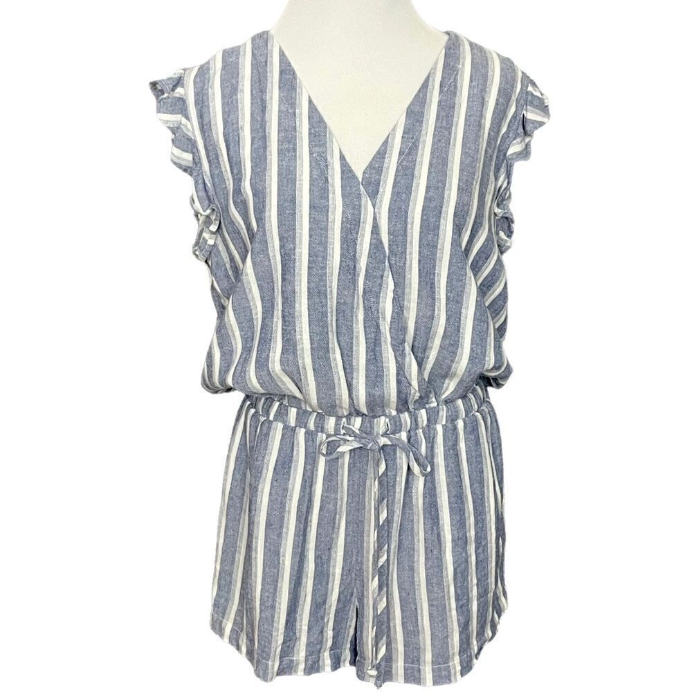 Cloth & Stone Zumba Beach Linen Romper Blue and White Striped Ruffle Sleeve  S